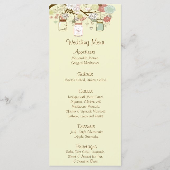 25 Menu Cards Spring Floral Mason Jars green pink (Front)