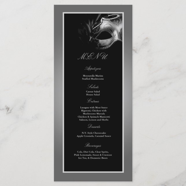 25 Menu Cards Sweet 16 Silver Black Party (Front)