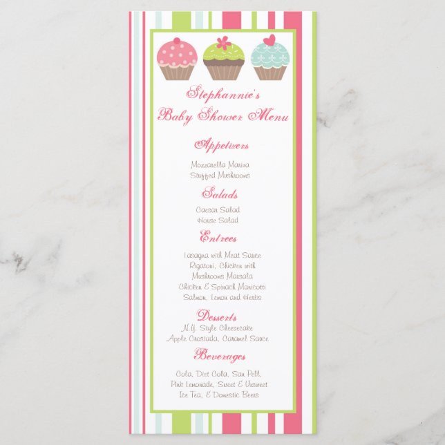 25 Menu Cards Tea Party Pink Pastel Cupcake (Front)