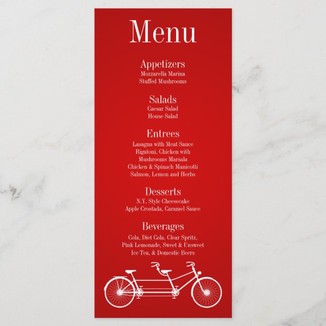 25 Menu Cards Whimsical Crimson Red Double Bike (Front)