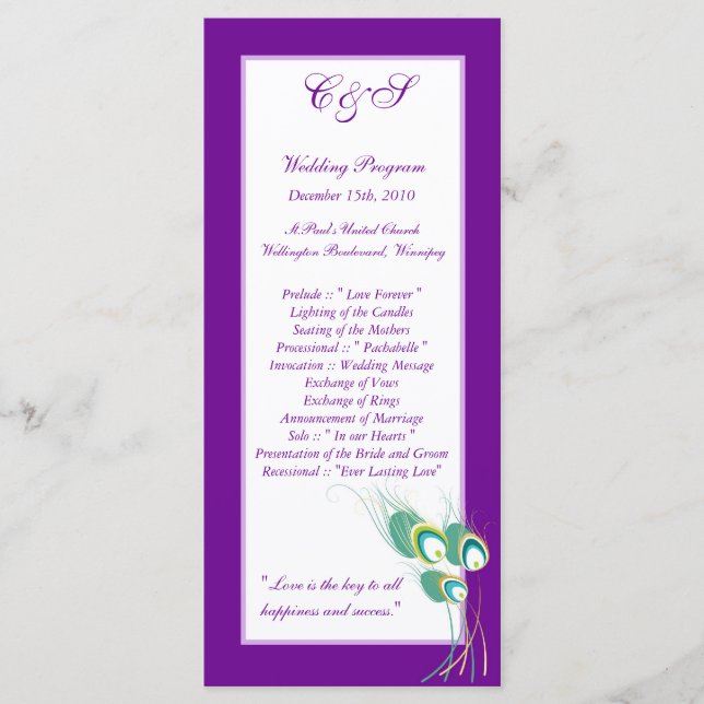 25 Modern Purple Peacock Wedding Programs (Front)