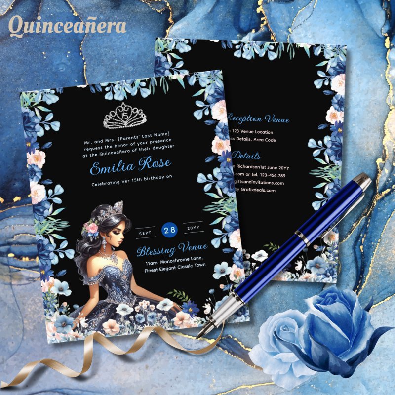 25 Navy Blue Quinceanera Dress Floral Roses Flyer