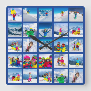 25 Photo Grid Collage Dark Blue Square Wall Clock