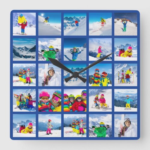 25 Photo Grid Collage Dark Blue Square Wall Clock