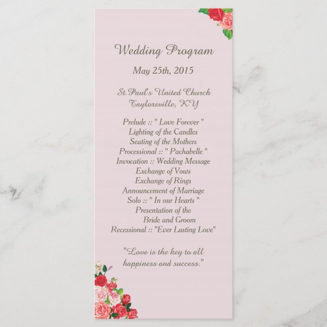 25 Pik and Red Roses Floral Wedding Programs (Front)