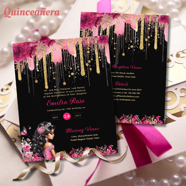 25 PINK Gold Sparkles Quinceanera Dress Floral Flyer (Creator Uploaded)