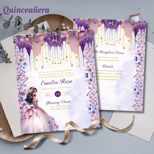 25 Purple Gold Sparkle Quinceanera Dress Floral  Flyer