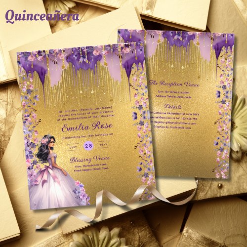 25 Purple Gold Sparkle Quinceanera Dress Floral Flyer