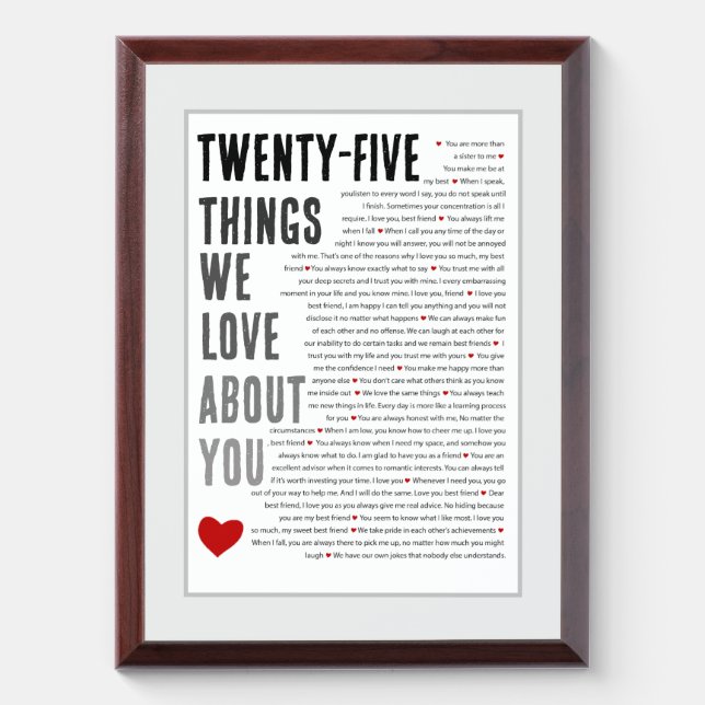 25 REASONS We Love You Award Plaque (Vertical)