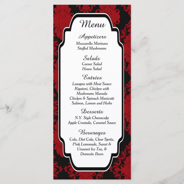 25 Romantic Red Damask Menu Cards (Front)