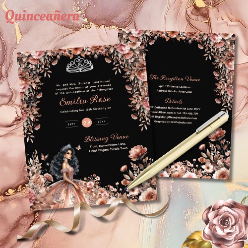 25 Rose Gold Black Quinceanera Dress Floral Flyer