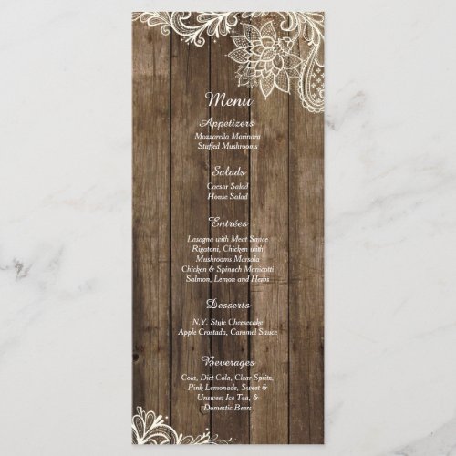 25 Rustic Wood Lace Country Wedding Menu Cards