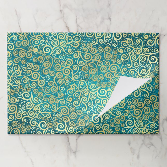 25 Sheets Boho Teal & Gold Lacy Business Gift Wrap Paper Pad (Folded)