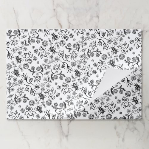 25 Sheets Honey Bees Floral Black  White Wrapping Paper Pad