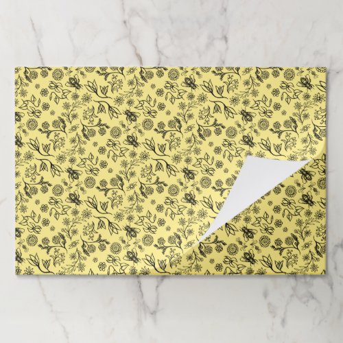 25 Sheets Honey Bees Floral Pastel Yellow Wrapping Paper Pad