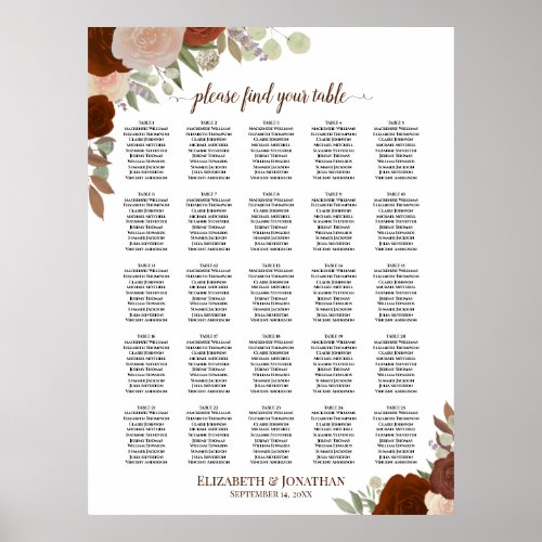 25 Table Autumn Roses Boho Wedding Seating Chart