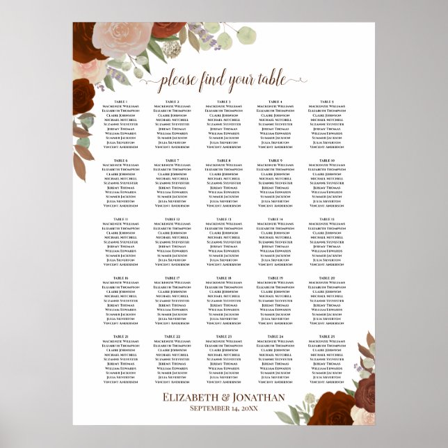 25 Table Autumn Roses Boho Wedding Seating Chart (Front)