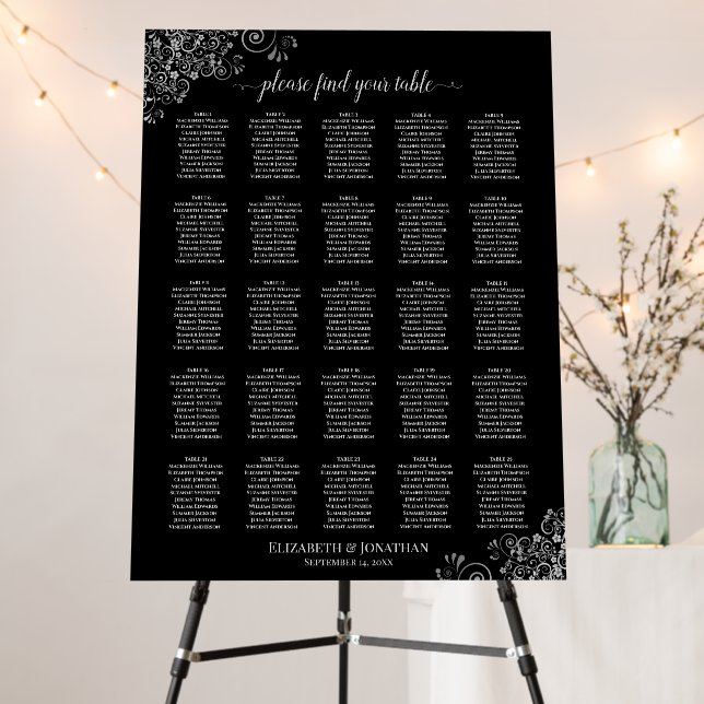 25 Table Black & Silver Lace Wedding Seating Chart Foam Board (In Situ (Stand))