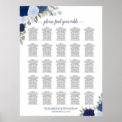 25 Table Blue Boho Floral Wedding Seating Chart