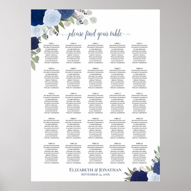 25 Table Blue Boho Floral Wedding Seating Chart (Front)
