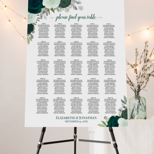 25 Table Boho Emerald Roses Wedding Seating Chart Foam Board