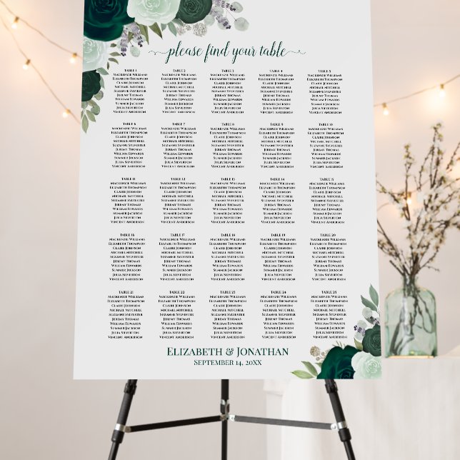 25 Table Boho Emerald Roses Wedding Seating Chart Foam Board (In Situ (Stand))