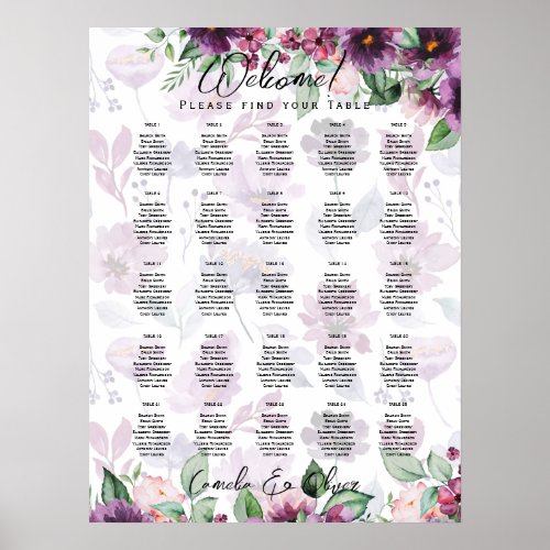 25 Table Burgundy Floral Fall Seating Charts