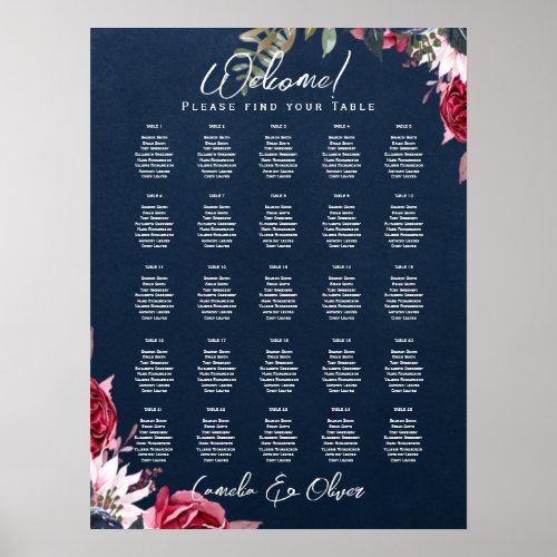 25 Table Burgundy Floral Fall Seating Charts