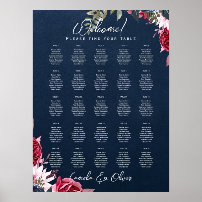 25 Table Burgundy Floral Fall Seating Charts (Front)