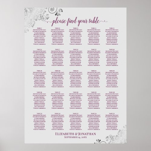 25 Table Cassis on Gray Wedding Seating Chart