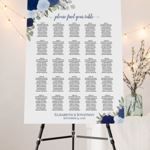 25 Table Elegant Blue Roses Wedding Seating Chart Foam Board