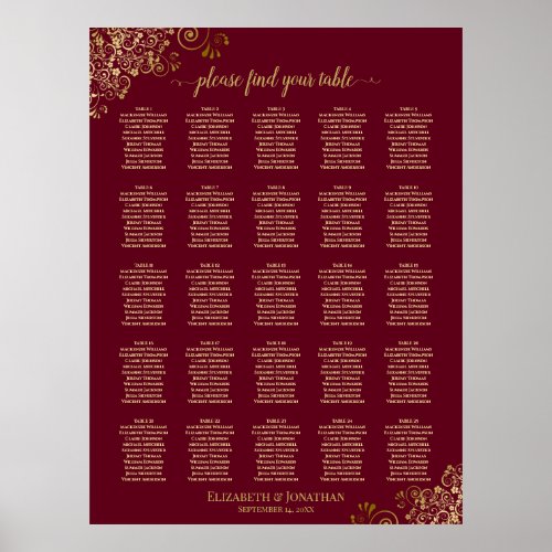 25 Table Elegant Burgundy and Gold Seating Chart