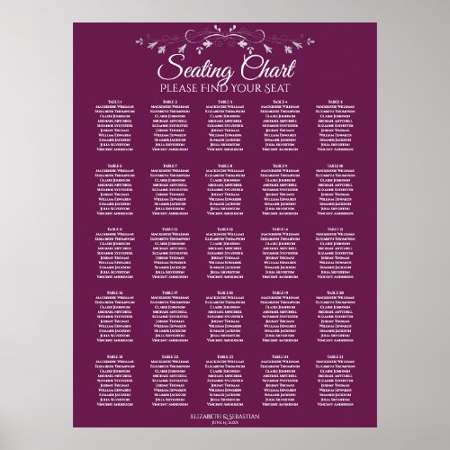 25 Table Elegant Cassis Wedding Seating Chart