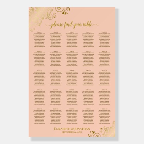25 Table Elegant Coral Peach & Gold Seating Chart Foam Board
