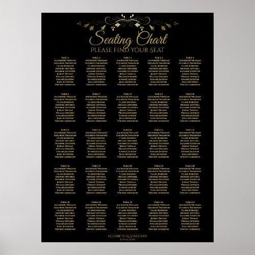 25 Table Elegant Gold Black Wedding Seating Chart