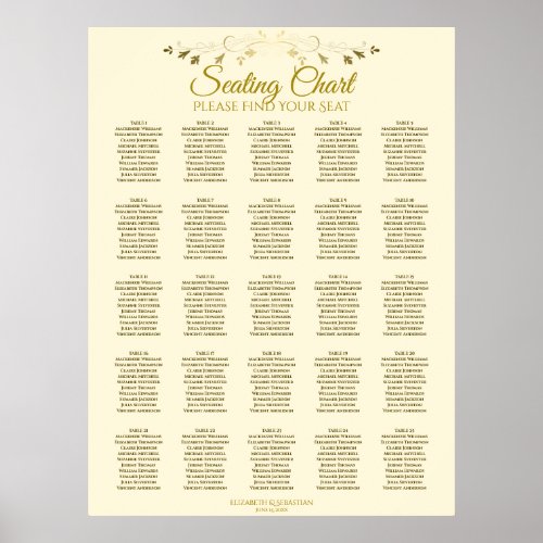 25 Table Elegant Gold Cream Wedding Seating Chart