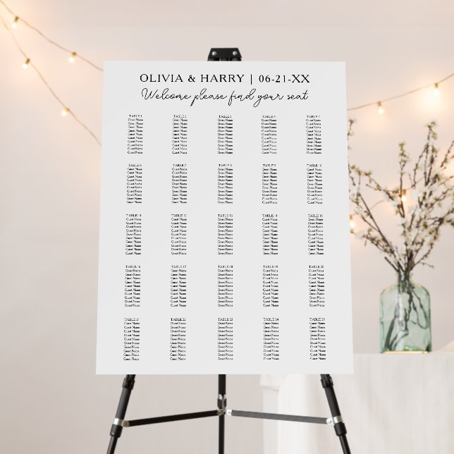 25 Table Elegant Modern Wedding Seating Chart Foam Board (In Situ (Stand))
