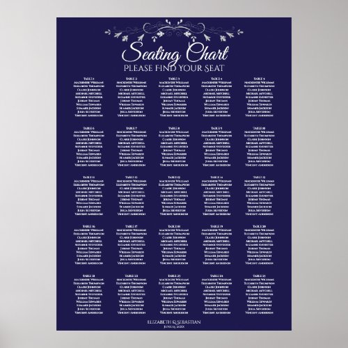 25 Table Elegant Navy Blue Wedding Seating Chart
