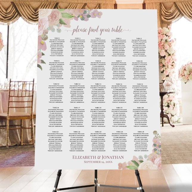 25 Table Elegant Pink Roses Wedding Seating Chart Foam Board (In Situ on Stand at Reception)