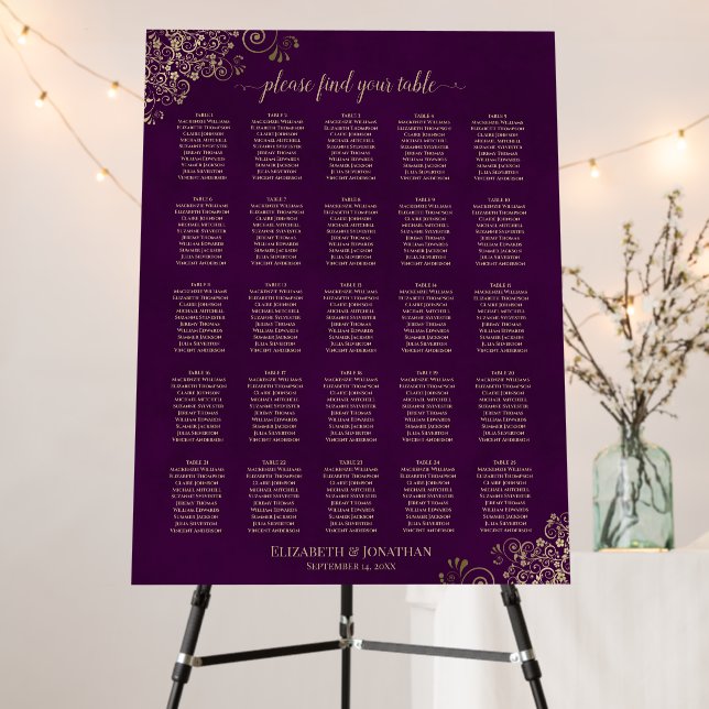 25 Table Elegant Plum Purple & Gold Seating Chart Foam Board (In Situ (Stand))