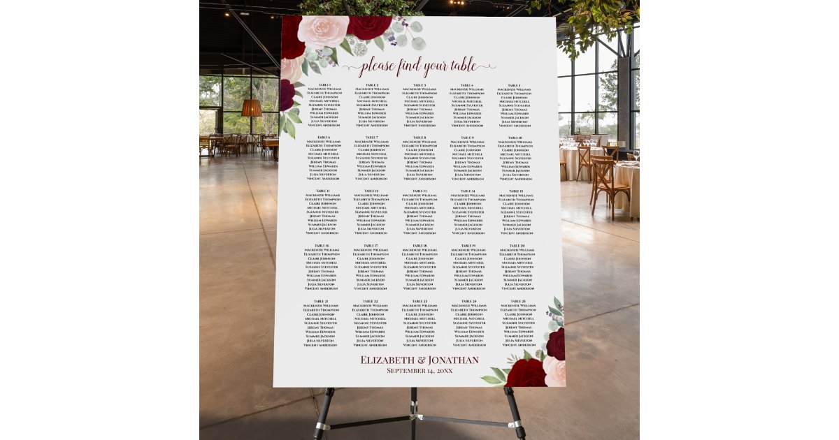 Red Roses Table Seating 25 Table Elegant Red Roses Wedding Seating Chart Foam Board | Zazzle