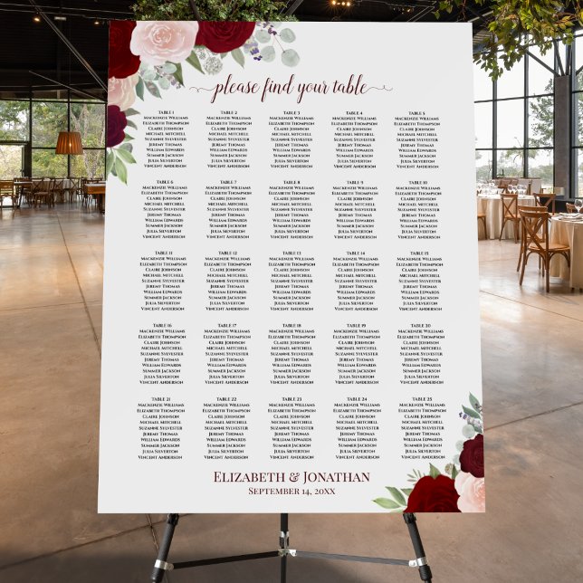 25 Table Elegant Red Roses Wedding Seating Chart Foam Board (In Situ on Stand at Reception)