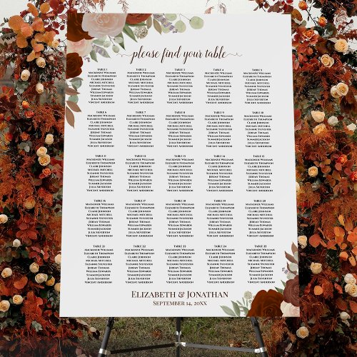 25 Table Elegant Rust Floral Wedding Seating Chart Foam Board