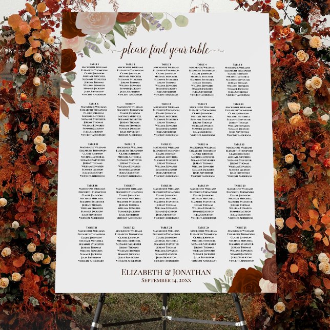 25 Table Elegant Rust Floral Wedding Seating Chart Foam Board (In Situ on Stand with Flowers)