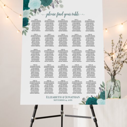 25 Table Elegant Teal Roses Wedding Seating Chart Foam Board