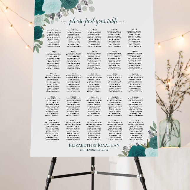25 Table Elegant Teal Roses Wedding Seating Chart Foam Board (In Situ (Stand))