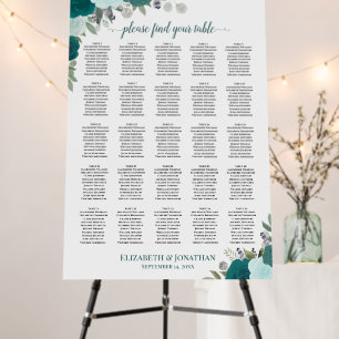 25 Table Elegant Teal Roses Wedding Seating Chart Foam Board