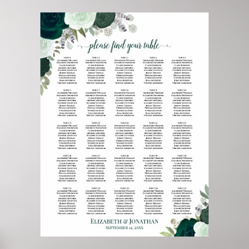 25 Table Emerald Boho Floral Wedding Seating Chart