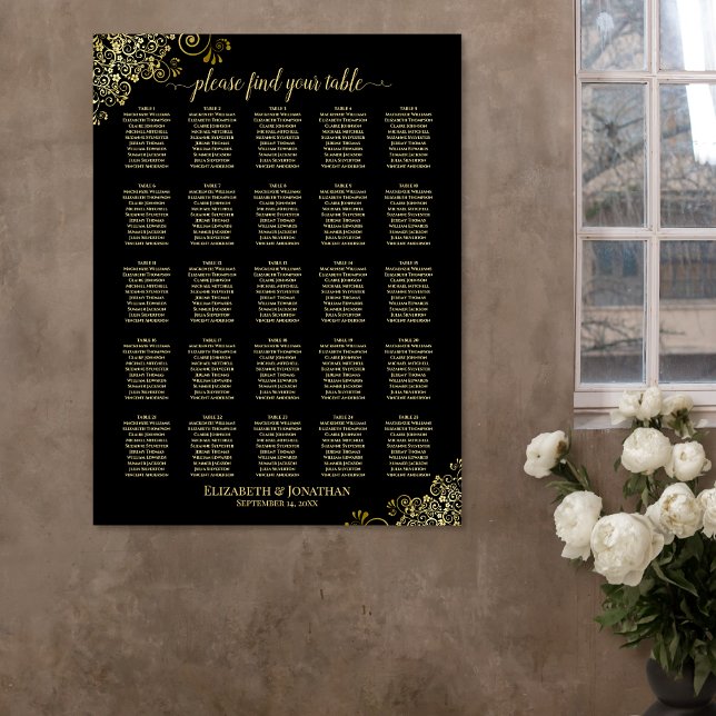 25 Table Fancy Gold & Black Wedding Seating Chart (In Situ on Wall)