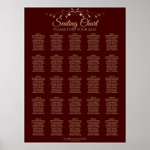 25 Table Gold  Auburn Brown Wedding Seating Chart